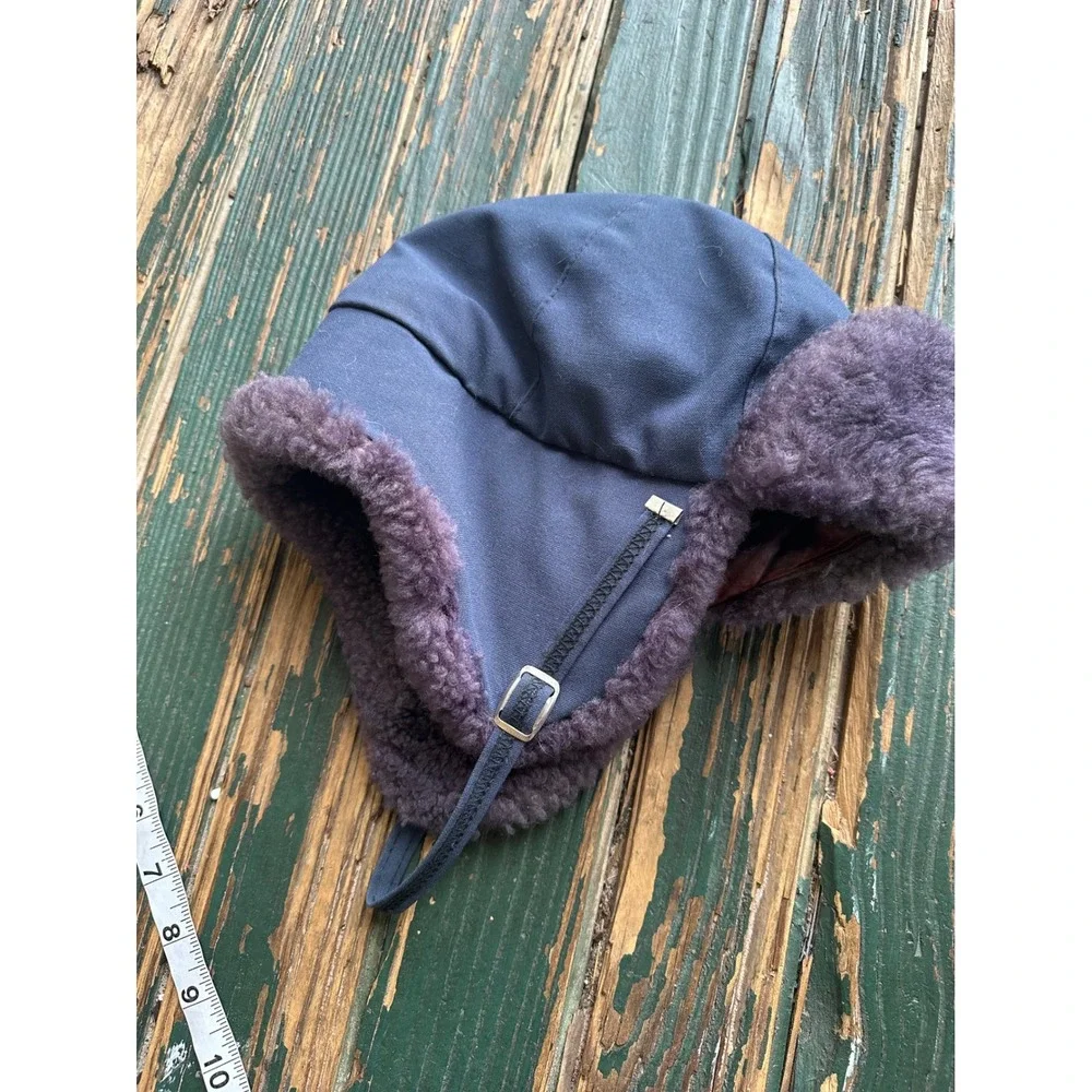Vintage Blue Canvas Trapper Hat Purple Faux Fur Trim Aviator Ear Flap Cap